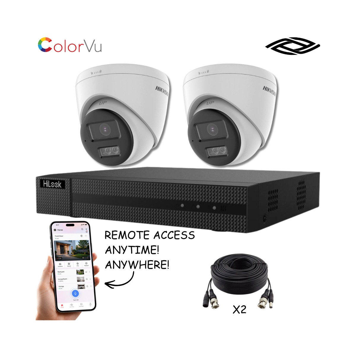 Hikvision 2 Camera 3K ColorVu Smart Hybrid Light Analogue CCTV Kit with HiLook DVR